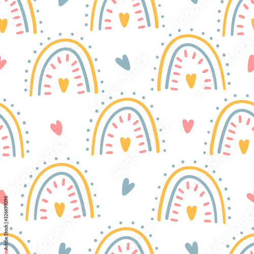 Hand drawn kids rainbow seamless pattern for print, textile, apparel design. Trendy kids pattern with hearts.