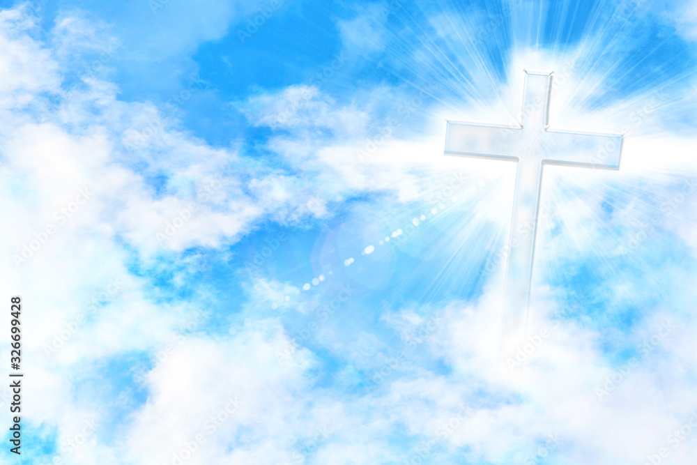 Cloudy blue sky with cross and glare