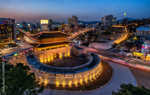 night view of dongdaemun traditional gate in seoul city south korea photo