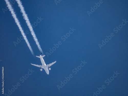 Commercial aircraft flying in the blue sky,