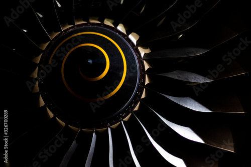 Aircraft black turbojet engine closeup