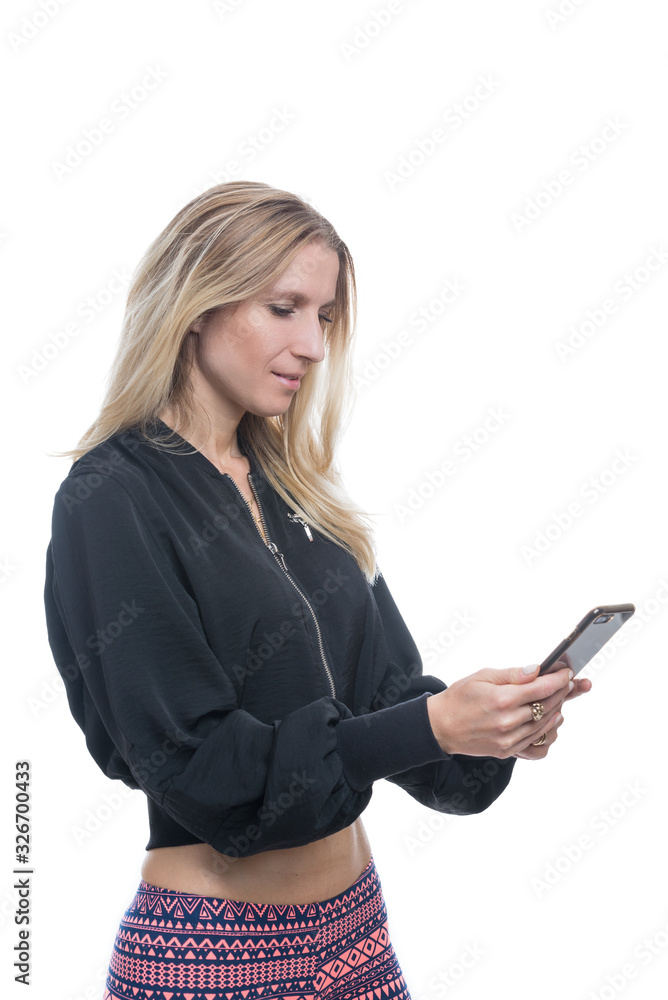 Portrait of a woman browsing a smart phone( social media apps), isolated on a white background Portrait of a woman browsing a smart phone( social media apps), isolated on a white background