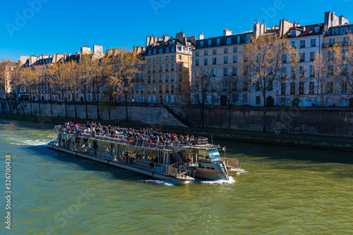 Cityscape of Ferry in the Seine river  Paris city