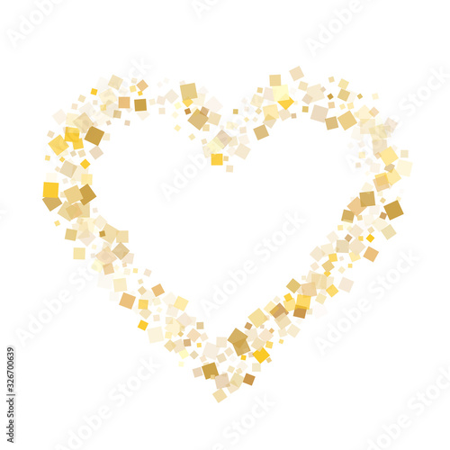 Small gold square confetti sparkles flying on white. Shiny New Year vector sequins background. Gold foil confetti party elements pattern. Light dust particles surprise backdrop.
