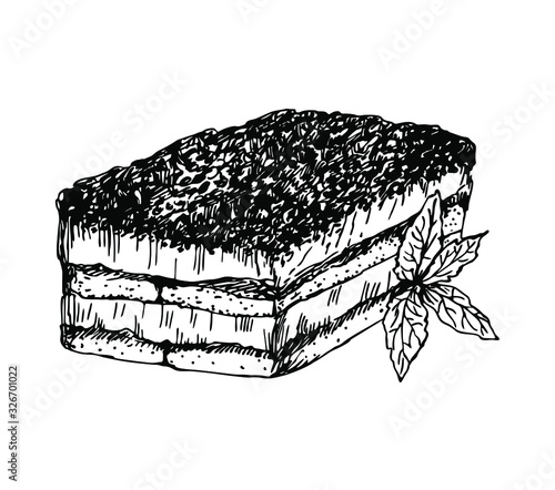 Tiramisu cake with mint leaves in line art style.