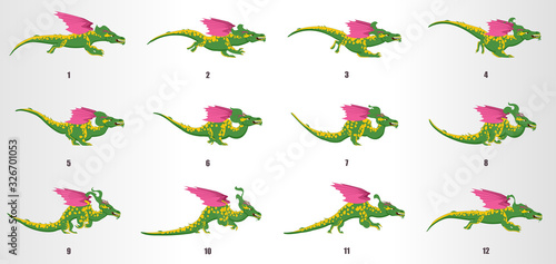 Dragon Run cycle animation frames, loop animation sequence sprite sheet 