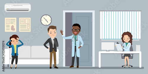  nurse at hospital reception desk in clinic and african american male doctor in uniform standing with patient