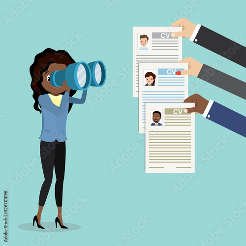 African american Businesswoman looking through binoculars on resume page,
