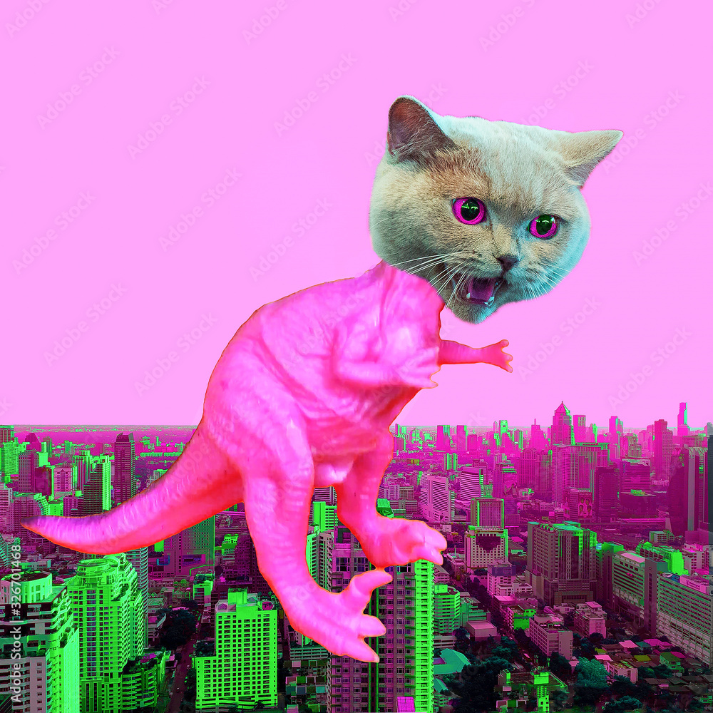 Fototapeta premium Kolaż współczesnej sztuki zabawnej. Potwór kot dinozaura w mieście