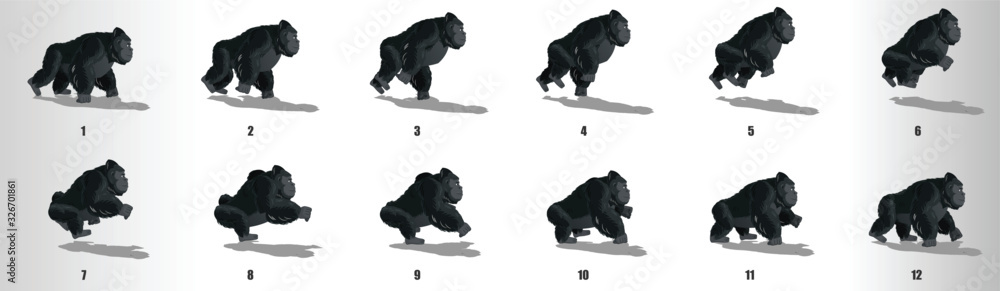 Vetor de gorilla run cycle animation frames silhouette, loop animation ...