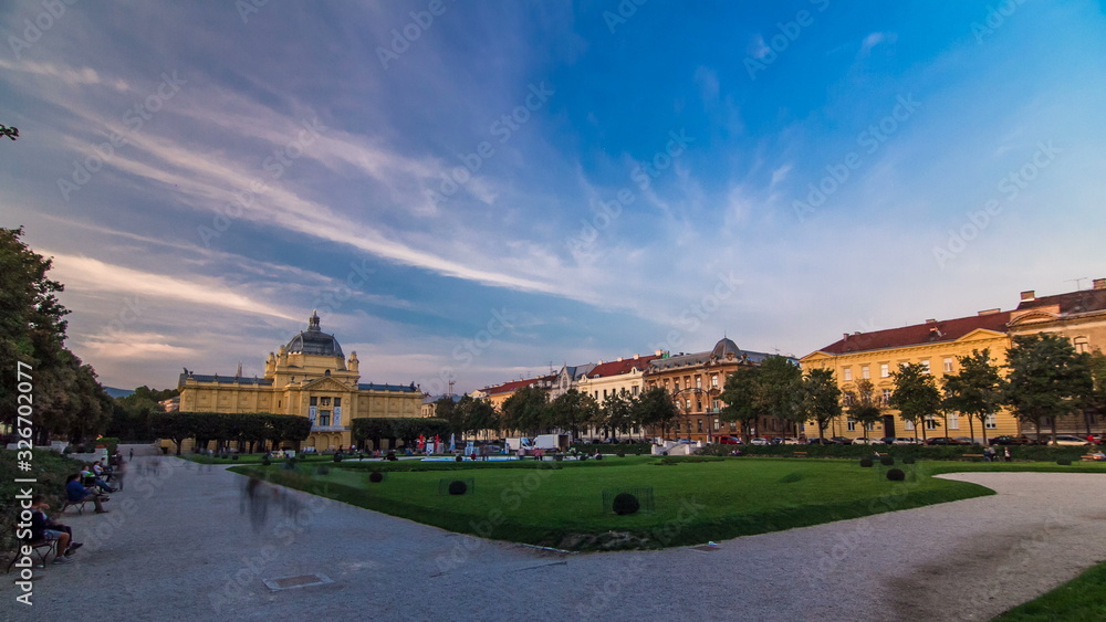 Panoramic timelapse view of Art pavilion at King Tomislav square in Zagreb, Croatia.