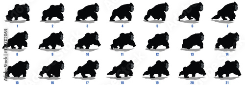 gorilla walk cycle animation frames silhouette, loop animation sequence sprite sheet 