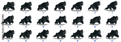 gorilla walk cycle animation frames, loop animation sequence sprite sheet 