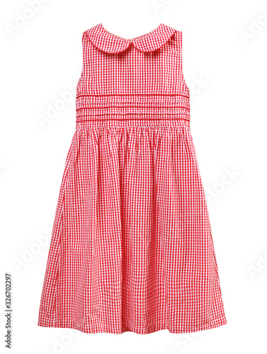 Red checked summer child girl's dress isolated,nobody.