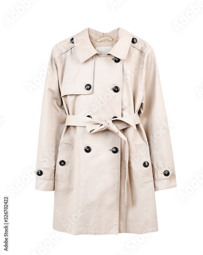 Girl's beige cotton coat isolated on white.Fashion clothes.Outwear.