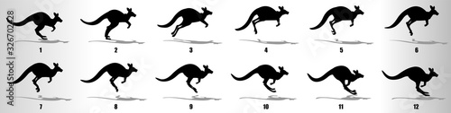 Kangaroo run cycle animation frames silhouette, loop animation sequence sprite sheet 