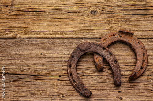 Cast iron metal horse horseshoes. Good luck symbol, St.Patrick's Day concept