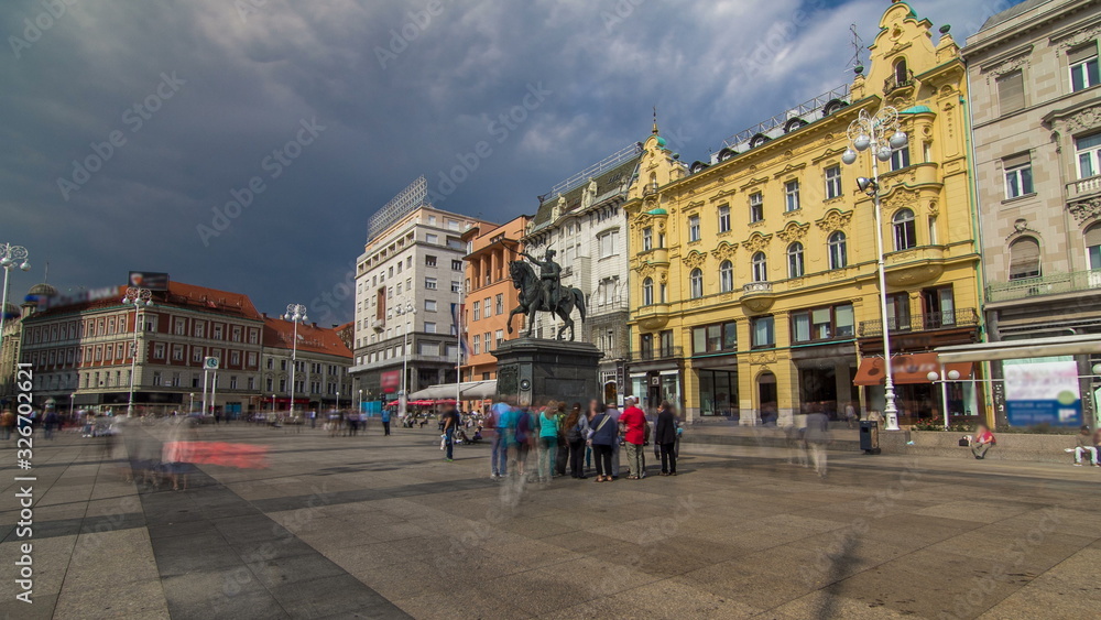 Ban Jelacic monument on central city square Trg bana Jelacica timelapse  in Zagreb, Croatia.