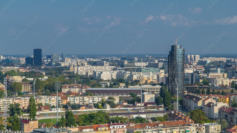 Panorama of the city center timelapse of Zagreb, Croatia, with modern and historic buildings, museums in the distance.