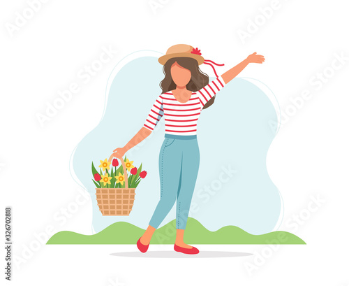 Woman with spring flowers in basket. Cute vector illustration in flat style