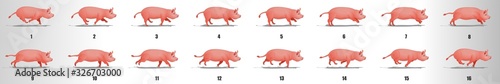 Pig run cycle animation frames, loop animation sequence sprite sheet 