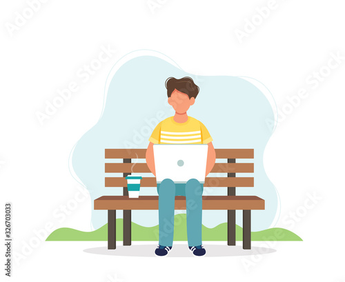 Man with laptop sitting on the bench with coffee cup. Cute vector illustration in flat style