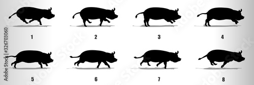Pig run cycle animation frames silhouette, loop animation sequence sprite sheet 
