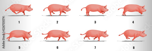 Pig run cycle animation frames, loop animation sequence sprite sheet 