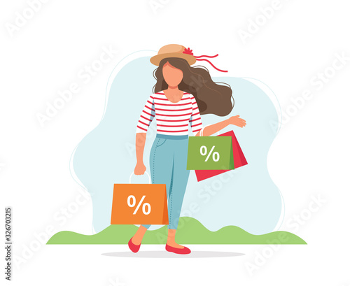 Woman with shopping bags, spring sale concept. Cute vector illustration in flat style