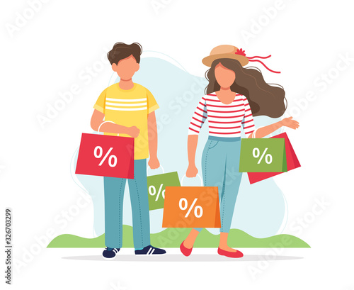 Man and woman with shopping bags, spring sale concept. Cute vector illustration in flat style