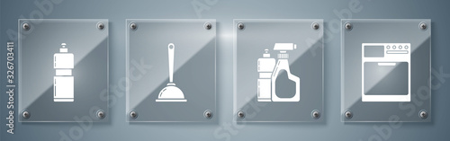 Set Washer , Plastic bottles for liquid dishwashing liquid, Toilet plunger and Plastic bottles for liquid dishwashing liquid. Square glass panels. Vector