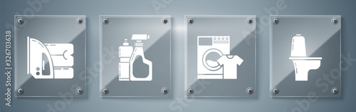 Set Toilet bowl , Washer and t-shirt , Plastic bottles for liquid dishwashing liquid and Electric iron and towel . Square glass panels. Vector