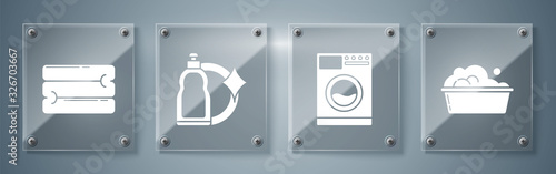 Set Plastic basin with soap suds , Washer , Plastic bottles for liquid dishwashing liquid and Towel stack . Square glass panels. Vector