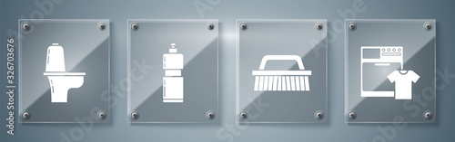 Set Washer and t-shirt , Brush for cleaning , Plastic bottles for liquid dishwashing liquid and Toilet bowl . Square glass panels. Vector