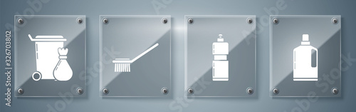 Set Plastic bottles for liquid dishwashing liquid, Plastic bottles for liquid dishwashing liquid, Toilet brush and Trash can . Square glass panels. Vector