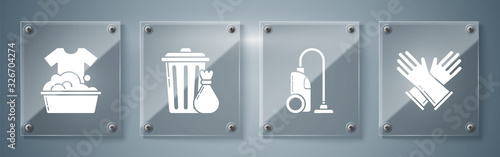 Set Rubber gloves , Vacuum cleaner , Trash can and garbage bag and Plastic basin with soap suds . Square glass panels. Vector