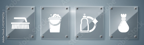 Set Garbage bag , Plastic bottles for liquid dishwashing liquid, Bucket with foam and bubbles and Brush for cleaning . Square glass panels. Vector