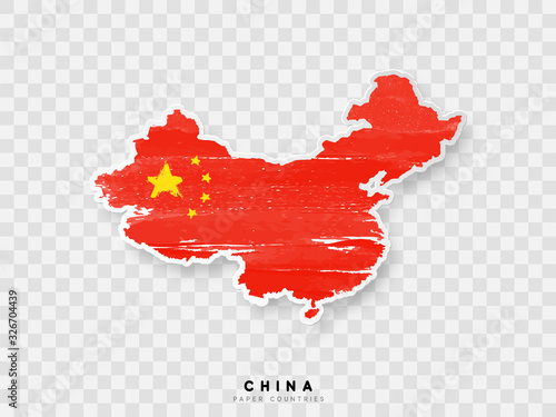 China detailed map with flag of country. Painted in watercolor paint colors in the national flag.