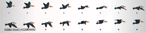 Toucan flying animation sequence, loop animation sprite sheet 