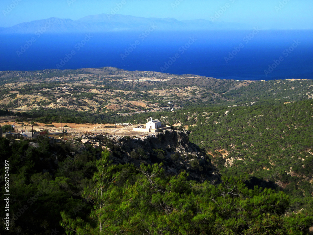 View of Kastri church and landscape. Gavdos Island. Kreta in the distance. Greece.   