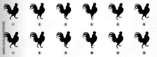 Cock Walk Cycle animation sequence Silhouette, loop animation sprite sheet