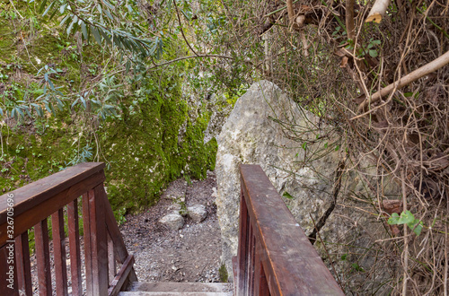 Wooden  bridge over the rapid, shallow, cold mountain Ayun river in the Galilee in northern Israel photo