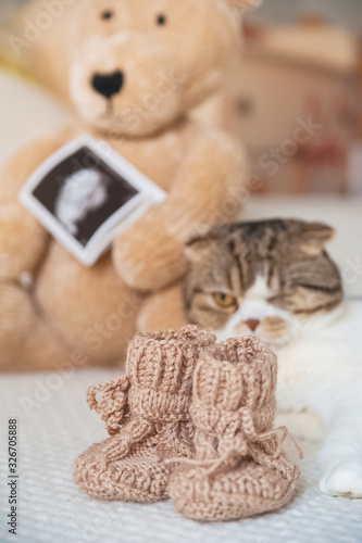 Fotografie Knitted baby booties close-up