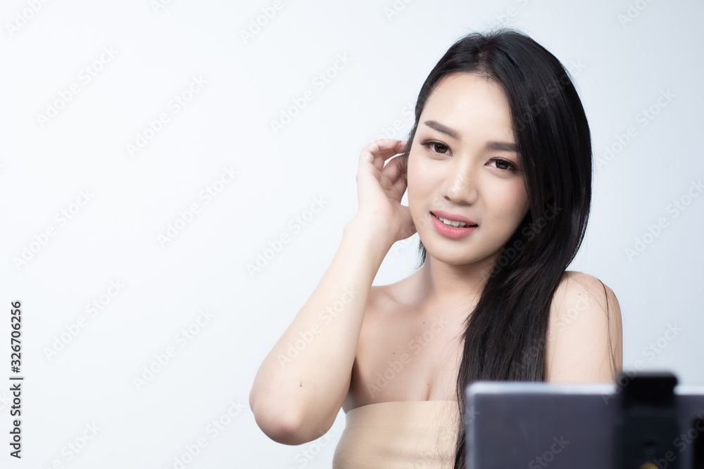 Young happy beauty healthy Asian woman smiles happy face. portrait charming girl Young women wearing bare shoulders dresses skin care concept. Young happy beauty healthy Asian woman smiles happy face. portrait charming girl Young women wearing bare shoulders dresses skin care concept.