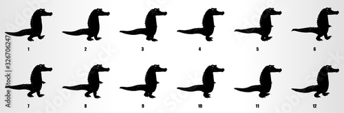 Cartoon Crocodile walk cycle animation frames silhouette, loop animation sequence sprite sheet 