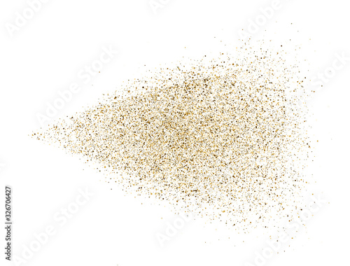 Gold glitter spray on white background. Glowing drops in motion. Golden magic star dust. Light particles. Bright glitter explosion. Sparkling firework. Vector illustration