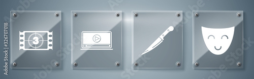 Set Comedy theatrical mask , Knife , Online play video and Play Video . Square glass panels. Vector