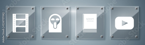 Set Play , Scenario , Funny and scary ghost mask and Play Video . Square glass panels. Vector
