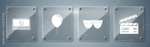 Set Movie clapper , Comedy and tragedy theatrical masks , Balloon with ribbon and Online play video . Square glass panels. Vector