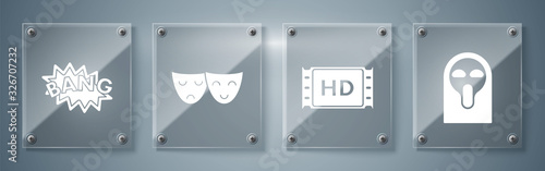 Set Funny and scary ghost mask, 4k movie, tape, frame , Comedy and tragedy theatrical masks and Bang boom text speech bubble balloon . Square glass panels. Vector